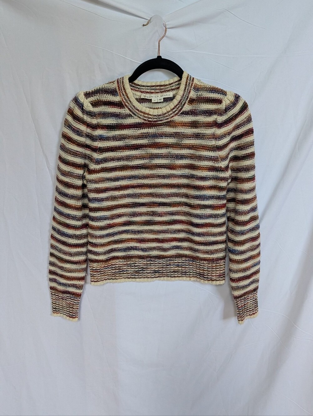 Veronica Beard Cream Striped Crewneck Sweater with Multicolor Accents